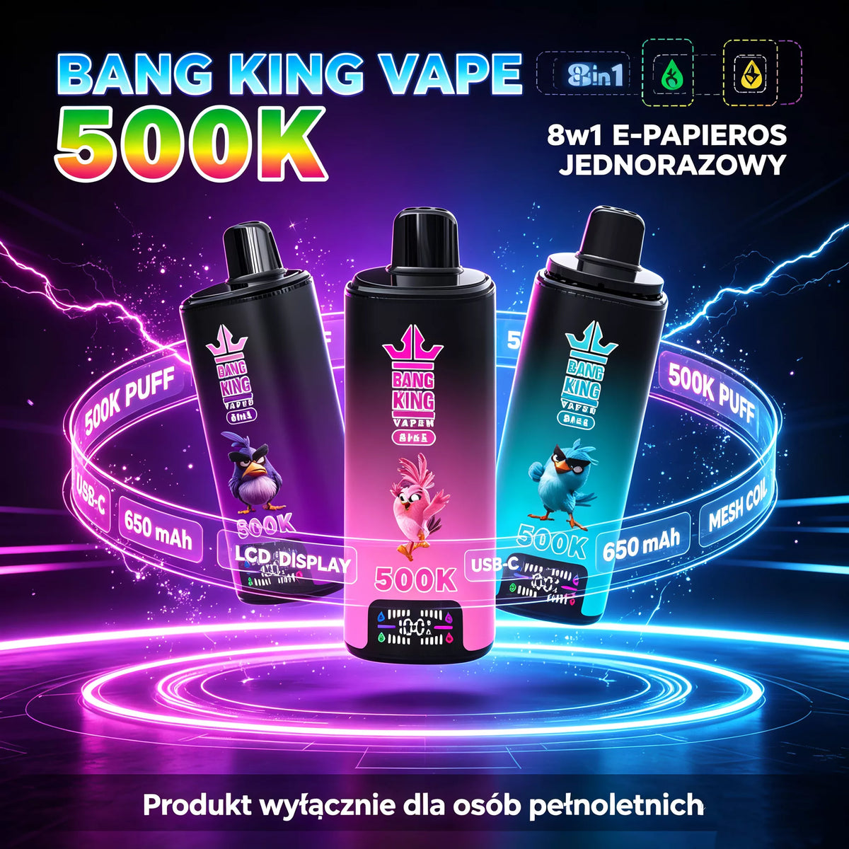 Bang King Vapen 8in1 500K Puff | Jednorazowy e‑papieros LCD USB‑C