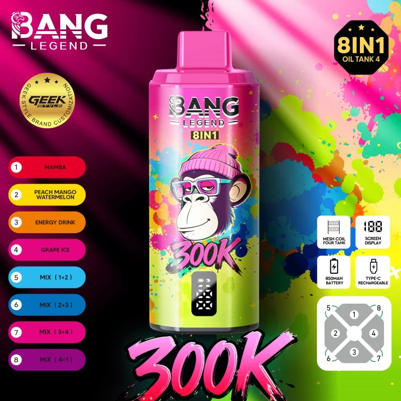 Bang Legend Geek 300K Jednorazowy waporyzator – Komora smakowa 8 w 1 | Do 300 000 zaciągnięć | Jednorazowy waporyzator z funkcją przełączania smaków