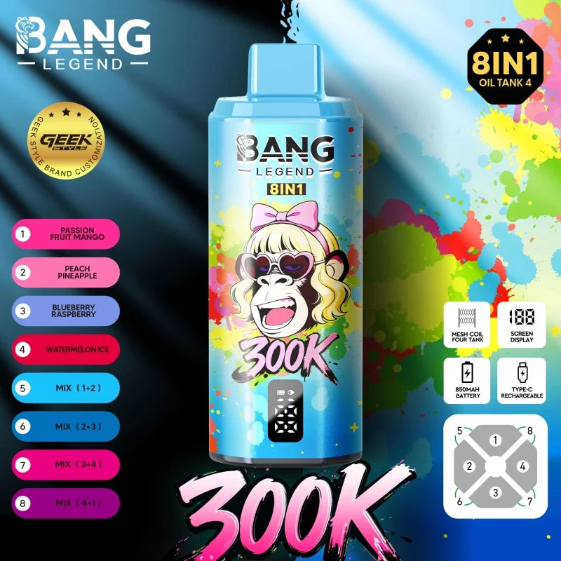 Bang Legend Geek 300K Jednorazowy waporyzator -Mango z marakują + Brzoskwinia i ananas + Jagoda i malina + Arbuz z lodem