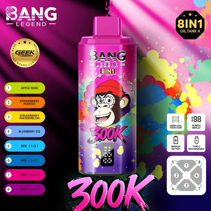 Bang Legend Geek 300K Jednorazowy waporyzator – Komora smakowa 8 w 1 | Do 300 000 zaciągnięć | Jednorazowy waporyzator z funkcją przełączania smaków
