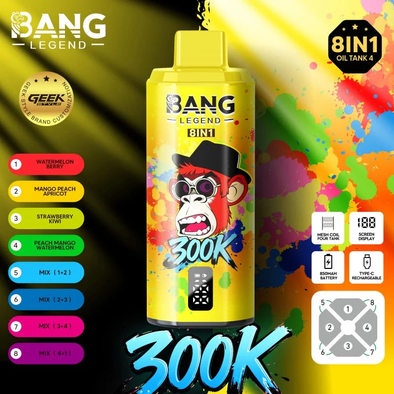 Bang Legend Geek 300K Jednorazowy waporyzator -JArbuz z owocami leśnymi + Mango+ brzoskwinia i morela + Truskawka i kiwi + Brzoskwinia+mango i arbuz