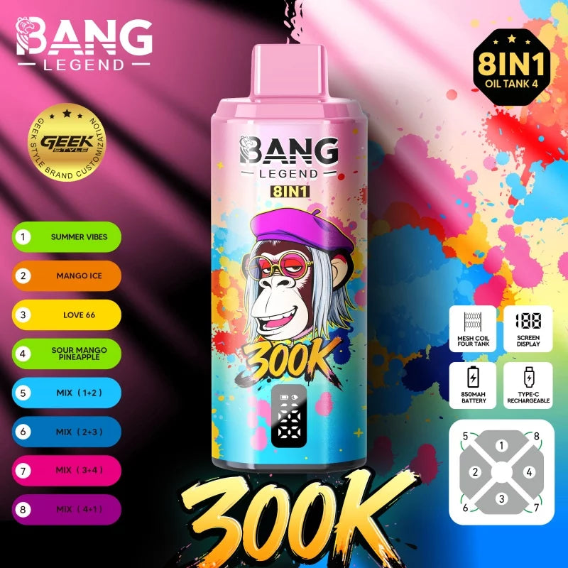 Bang Legend Geek 300K Jednorazowy waporyzator – Komora smakowa 8 w 1 | Do 300 000 zaciągnięć | Jednorazowy waporyzator z funkcją przełączania smaków
