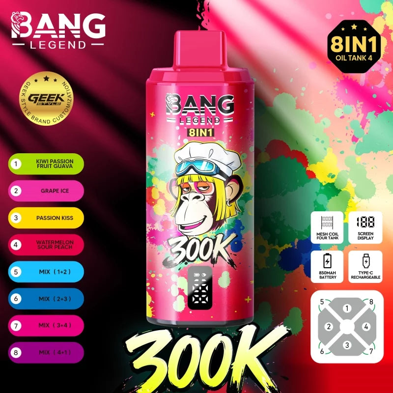 Bang Legend Geek 300K Jednorazowy waporyzator -Kiwi+ marakuja i gujawa + Winogrono z lodem + Namiętny pocałunek + Arbuz z kwaśną brzoskwinią