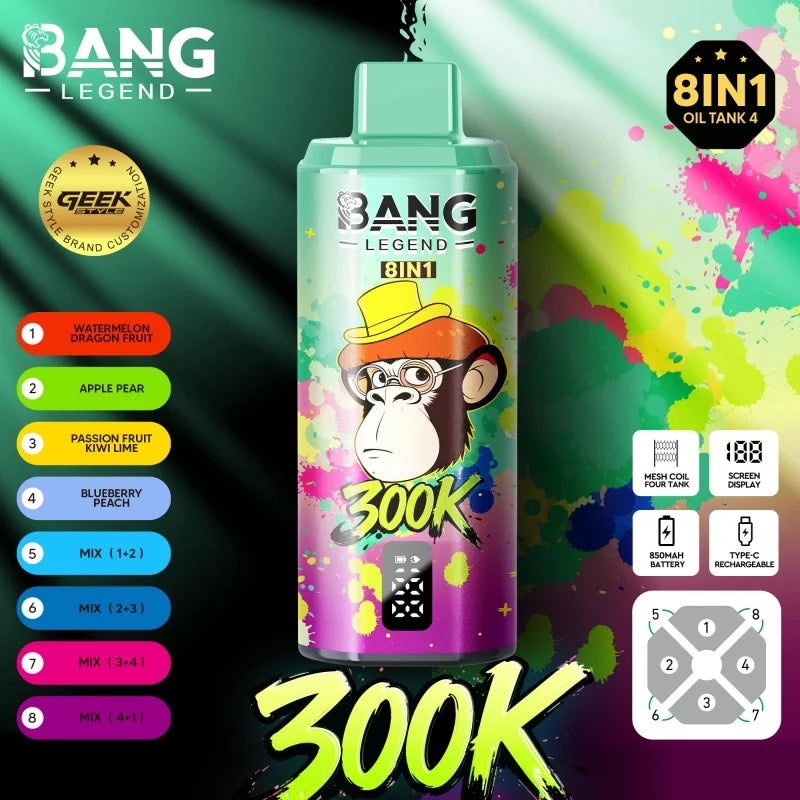 Bang Legend Geek 300K Jednorazowy waporyzator -Arbuz i pitaja + Jabłko i gruszka + Marakuja+kiwi i limonka + Jagoda z brzoskwinią i lodem