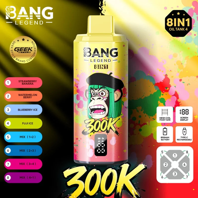 Bang Legend Geek 300K Jednorazowy waporyzator – Komora smakowa 8 w 1 | Do 300 000 zaciągnięć | Jednorazowy waporyzator z funkcją przełączania smaków