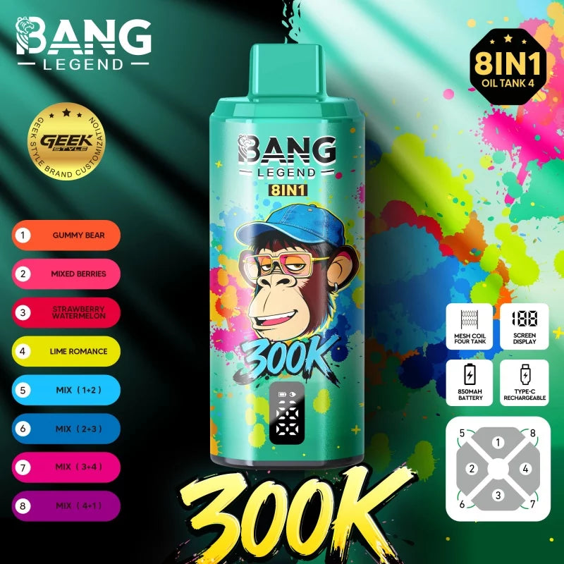 Bang Legend Geek 300K Jednorazowy waporyzator – Komora smakowa 8 w 1 | Do 300 000 zaciągnięć | Jednorazowy waporyzator z funkcją przełączania smaków