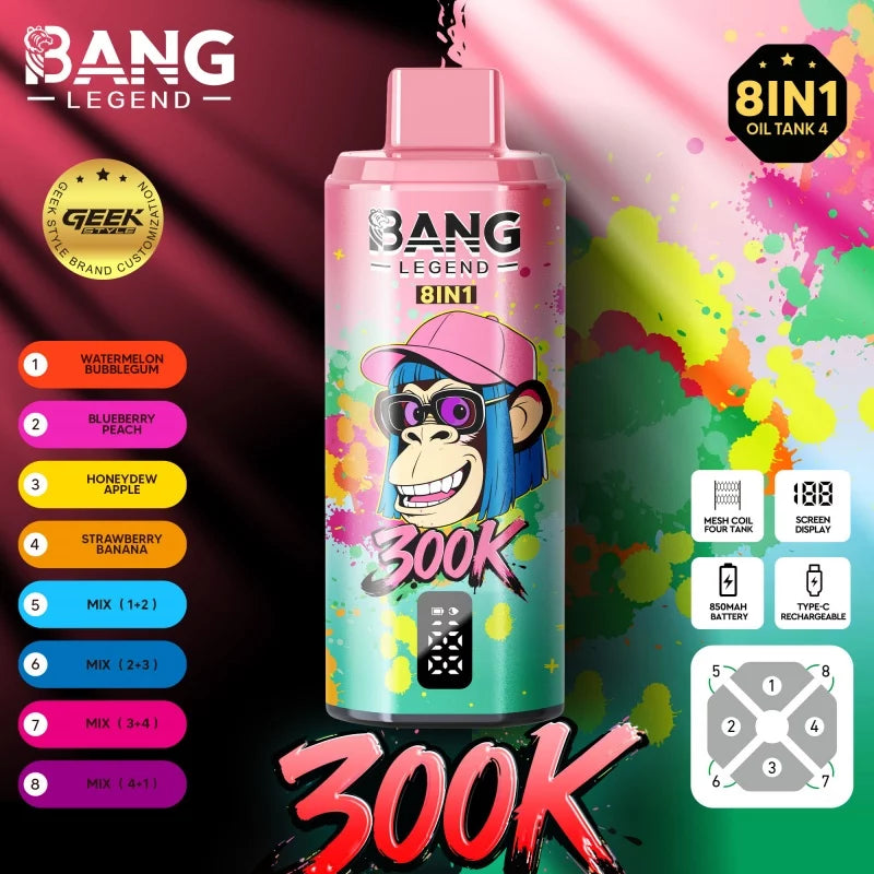 Bang Legend Geek 300K Jednorazowy waporyzator – Komora smakowa 8 w 1 | Do 300 000 zaciągnięć | Jednorazowy waporyzator z funkcją przełączania smaków