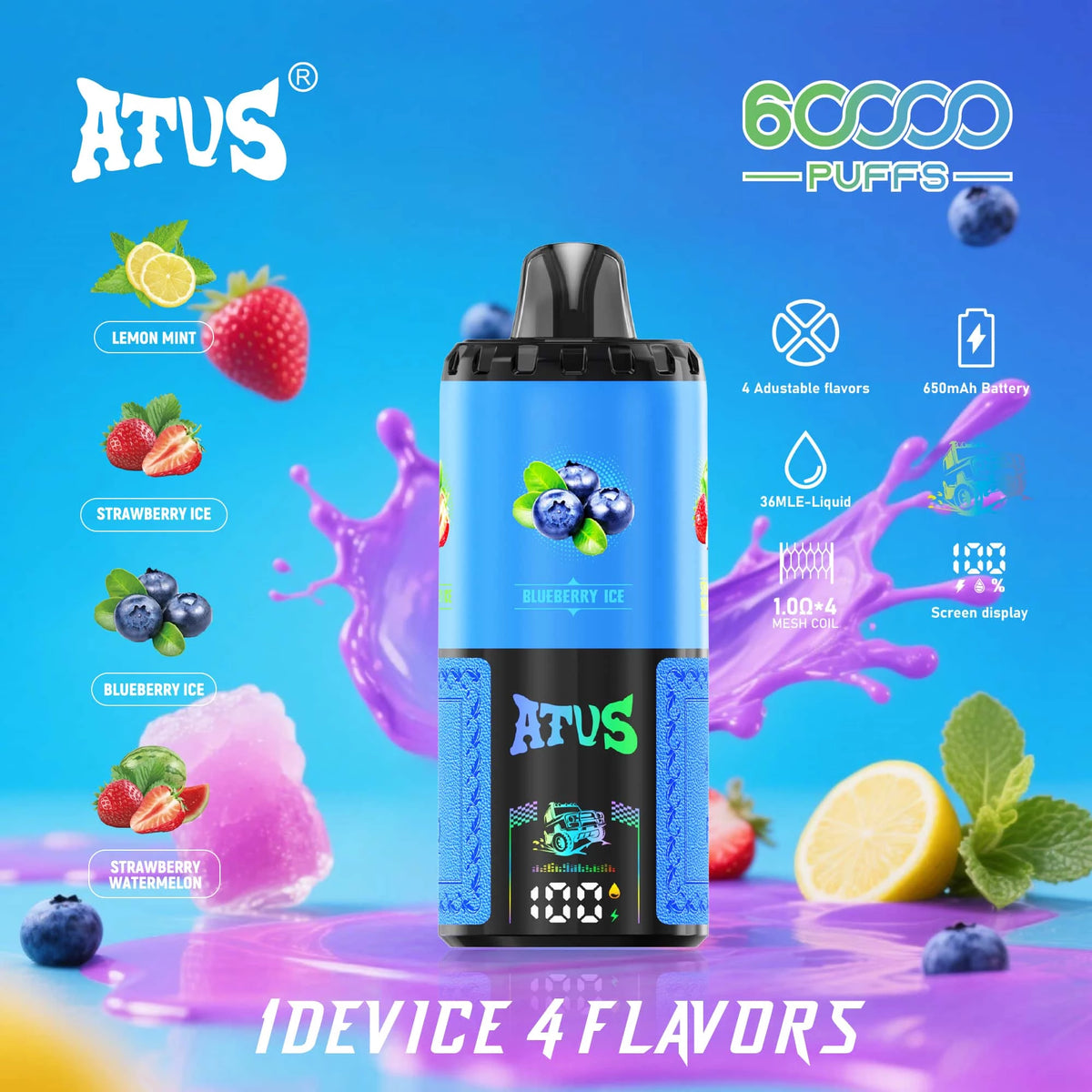 ATVS 60000 Puffs 4 w 1 Smak Jednorazowy Vape-Cytryna-mięta+Truskawka lodowa+Jagoda lodowa+Truskawka-arbuz lodowy
