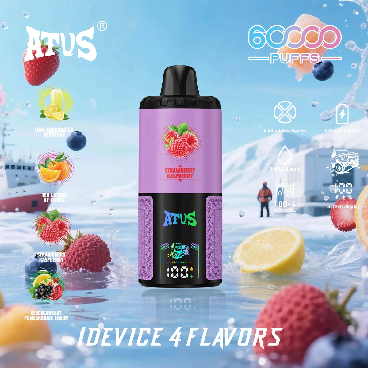 ATVS 60000 Puffs 4 w 1 Smak Jednorazowy Vape-Napój gazowany smaku limonki+Dziesięć cytrusów+Truskawka-malina+Porzeczka-granat-cytryna