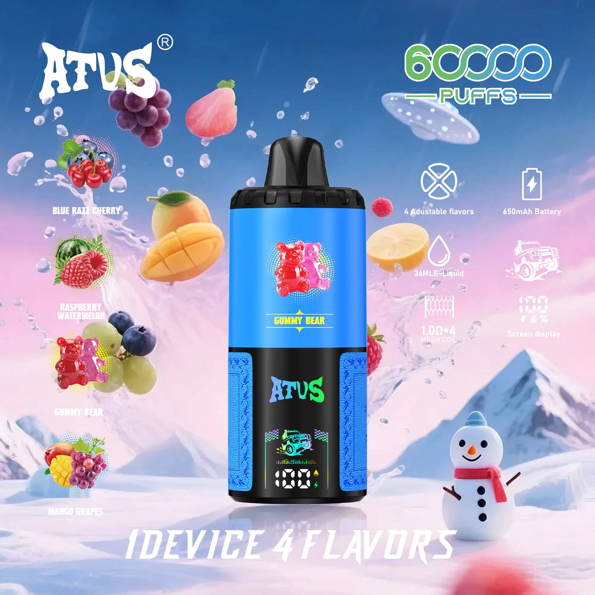 ATVS 60000 Puffs 4 w 1 Smak Jednorazowy Vape-Blue Razz-śliwka+Malina-arbuz+Gumowa cukierka smaku misia+Mango-winogrono